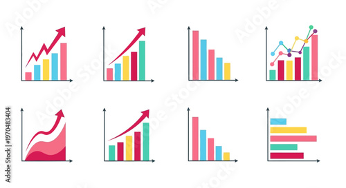Collection of Bar Graphs and Line Charts Illustrating Upward and Downward Trends, Demonstrating Financial Growth and Decline