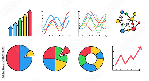 Essential collection of colorful data visualization graphics and statistical charts, perfect for illustrating trends, analytics, and business reports