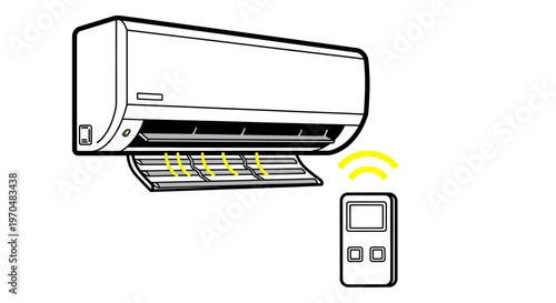 Efficient Climate Control Digital Remote Operating a Wall-Mounted Air Conditioner Emitting Cool Air Flow Illustration