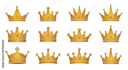 Golden crowns collection with various designs and royal symbols, representing power, luxury, and prestige