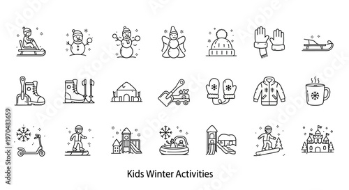 Kids Enjoying Winter Fun Activities Together. Vector Icon. EPS Editable