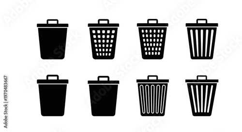 Collection of stylized black and white trash can and bin icons for waste disposal and recycling concepts