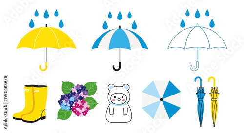 Cute rainy day set featuring umbrellas, rain boots, hydrangeas, and a bear character