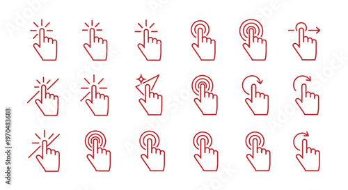 Comprehensive set of diverse hand cursor and touchscreen gestures icons in a sleek modern line style, ideal for interactive web and mobile application interface design