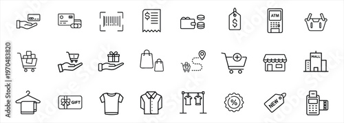Shopping and e-commerce web line icons set featuring shopping cart, barcode scan, ATM machine, dress fashion, credit card, money wallet, and more Vector Illustration with editable stroke