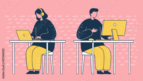 在宅ワークとリモートワーク PCで仕事に集中する男女のゆるポップイラスト