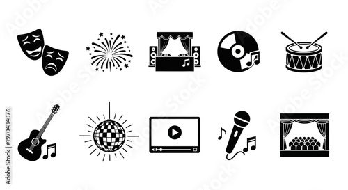 Collection of black and white entertainment and music icons for various applications including performance, celebration, and hobbies