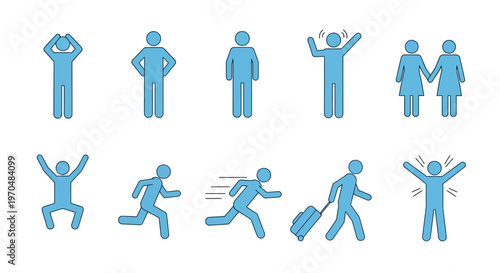 Collection of blue stick figure icons representing various human activities and emotions, including running, jumping, and carrying luggage