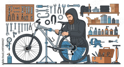 Skilled mechanic wearing a dark hooded sweatshirt meticulously repairs a grey mountain bike within a detailed workshop environment with various tools.