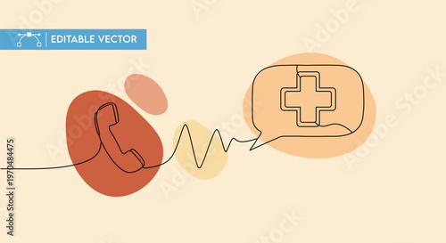 Minimalist one-line vector graphic illustration depicting a phone call for medical assistance and health consultation.