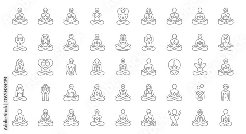 Yoga meditation poses line icons set spiritual practice mindfulness relaxation inner peace. Vector Icon. EPS Editable