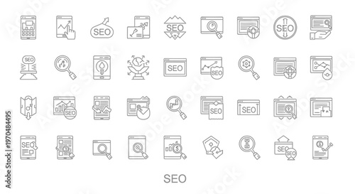Seo icons collection focused on search optimization. Vector Icon. EPS Editable