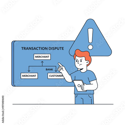 Man points at transaction dispute flowchart with warning sign.