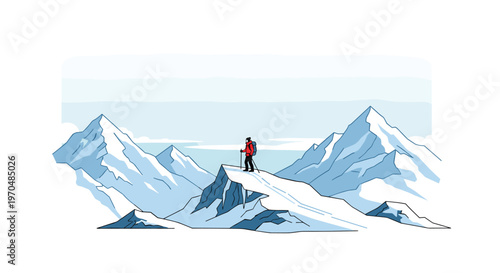 Courageous mountaineer carrying a red backpack and using trekking poles stands upon a sharp snowy ridge surrounded by majestic blue and white mountain peaks.
