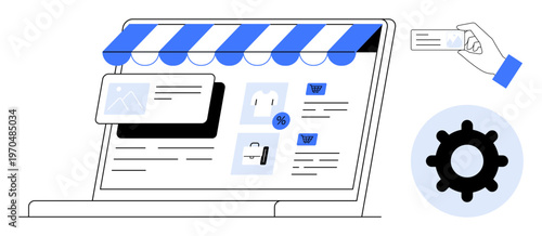 E-commerce concept. E-commerce with an online storefront, payment card for transactions, gear functionality, and interactive components. Perfect for retail, digital strategy, marketing, payment