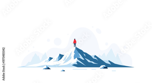 Lone adventurer wearing a vibrant red jacket stands at the summit of a pristine snow-covered mountain peak under a soft white atmospheric winter sky.