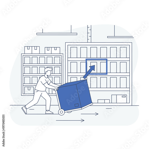 Man Pushing Large Blue Box on Dolly in Warehouse.