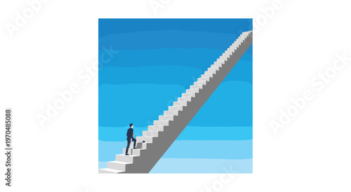 Determined businessman in a formal suit climbs a monumental concrete staircase that ascends toward the vast expanse of a clear blue gradient morning sky.