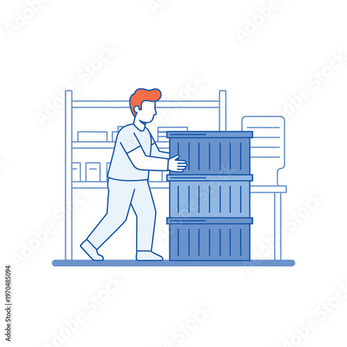 Man Pushing Stack of Blue Crates in Warehouse Setting.
