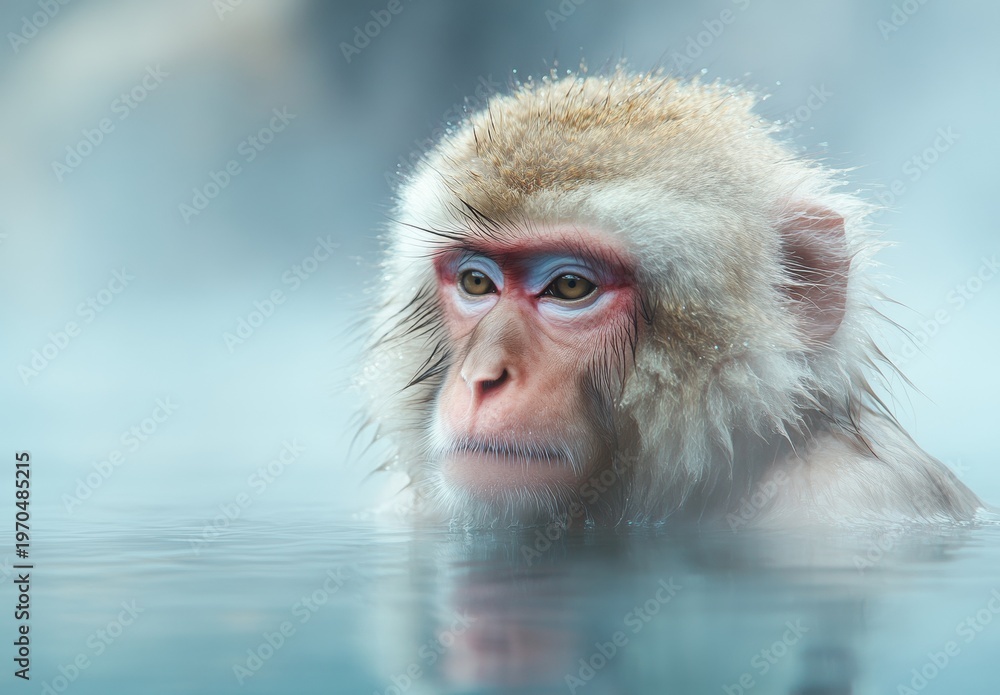 Obraz premium Japanese Macaque Portrait in Misty Water