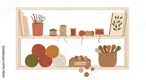 A charming wooden shelf neatly organizes a collection of vibrant yarn balls, vintage thread spools, and a basket of buttons for creative sewing projects.