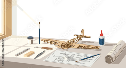A meticulous wooden model airplane frame rests on a light-colored desk alongside detailed blueprints and essential assembly tools like glue and fine brushes.