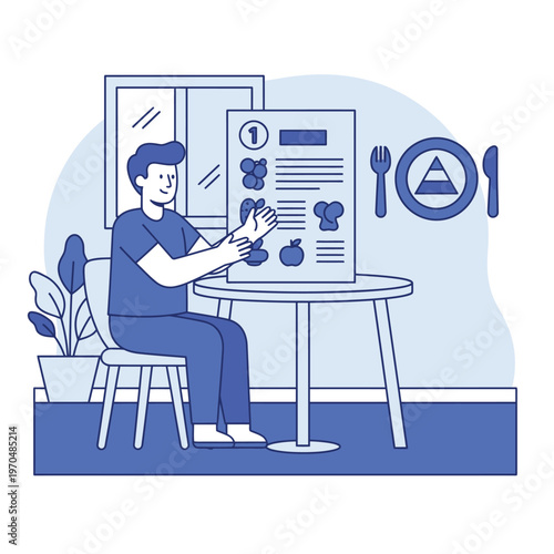 Man Studying Menu with Food Icons and Meal Plan.