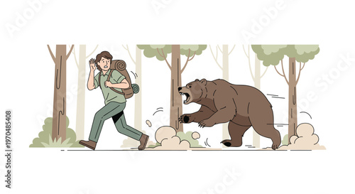 A panicked male hiker wearing a green shirt and brown backpack sprints desperately through a minimalist forest while a large grizzly bear chases him.