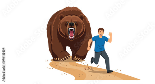 An enormous brown bear with sharp teeth and a wide-open mouth aggressively pursues a frightened man wearing a blue shirt along a dusty desert trail.