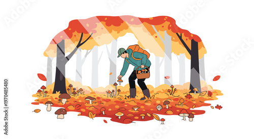A focused hiker wearing a teal jacket and backpack carefully gathers wild mushrooms into a basket within a vibrant autumn forest bathed in soft sunlight.