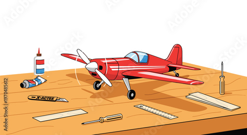 A meticulously crafted red propeller airplane model rests on a textured wooden workbench surrounded by precision tools under clear and bright indoor light.
