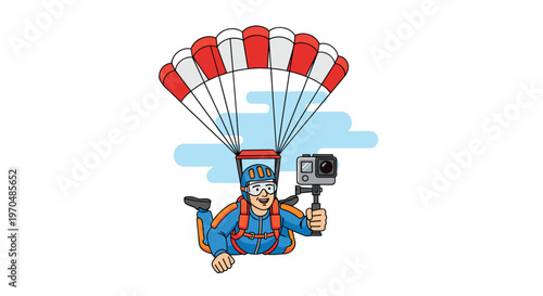 Brave skydiver wearing a blue jumpsuit and a red and white parachute records his descent using a handheld action camera against a clear sky.