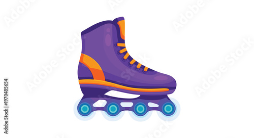 Stylish modern inline skate showcases a vibrant purple boot with bright orange accents and four translucent blue wheels against a clean white background.