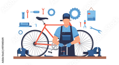 Professional bicycle mechanic wearing a dark blue apron carefully repairs a sleek red road bike at a workbench surrounded by floating blue tool icons.