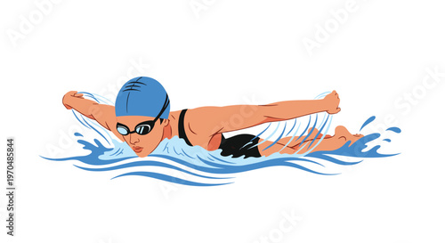 A dedicated female swimmer wearing a black one-piece suit and blue cap glides gracefully through stylized ocean waves while demonstrating a strong technique.
