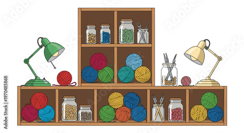 Meticulously organized wooden craft shelves display vibrant skeins of yarn alongside glass jars filled with assorted buttons and two functional desk lamps.