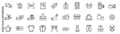 Shopping and banking web line icons set featuring credit card, barcode scan, cash receipt, ATM machine, dress fashion, money wallet, and more Vector Illustration with editable stroke.
