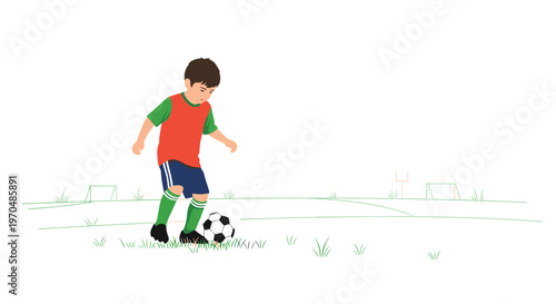An energetic young boy wearing a bright red jersey and blue shorts practices his dribbling skills with a black and white soccer ball on a pristine field.