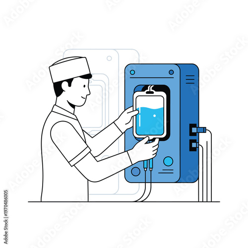 Medical professional tending to intravenous fluid bag.