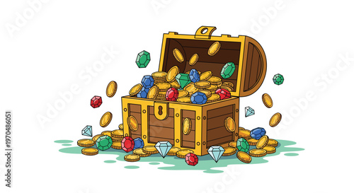 A heavy wooden treasure chest bursts open with an abundance of glittering gold coins and multifaceted colorful gemstones scattered across the ground.