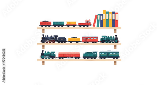 A charming collection of colorful vintage toy trains and various freight cars are neatly arranged on wooden shelves alongside a row of tall hardcover books.