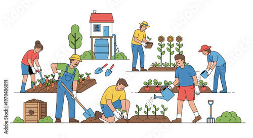 Meticulous gardeners engage in various agricultural tasks including watering sunflowers and harvesting carrots near a wooden compost bin and water tank.