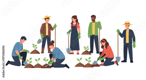 A diverse group of enthusiastic community volunteers works together to plant young green saplings into fertile soil mounds against a clean white backdrop.