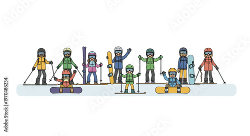 A diverse group of cheerful cartoon characters dressed in colorful winter gear stands ready for a day of skiing and snowboarding on the snowy slopes.