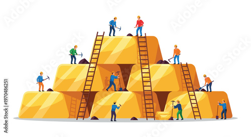 A perfectly symmetrical pyramid of gleaming gold ingots is being meticulously excavated by a group of industrious miniature laborers using traditional hand tools.