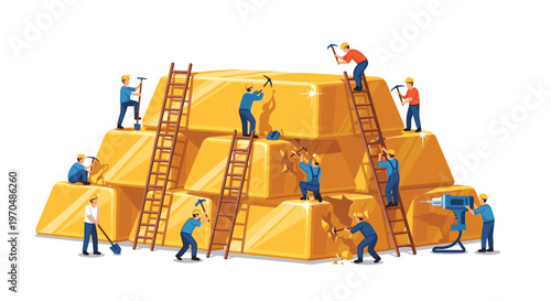 Meticulous miniature workers utilize wooden ladders and various hand tools to extract wealth from a towering stack of polished gold bars on a white base.