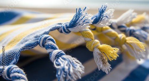 Close up of striped beach towel tassels with sandy texture