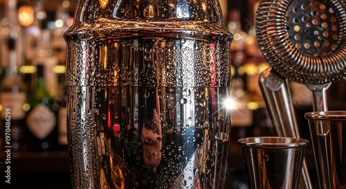 Glistening Cocktail Shaker with Bar Tools in Bokeh Lighting