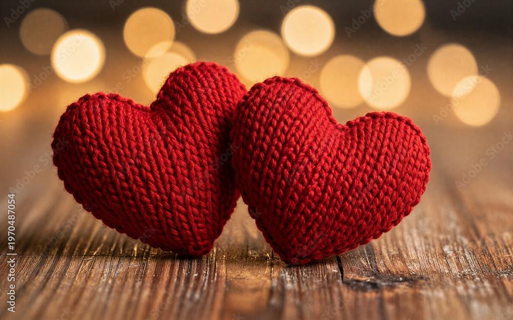 Fototapeta premium Two knitted red hearts rest on wood glowing warmly against soft bokeh