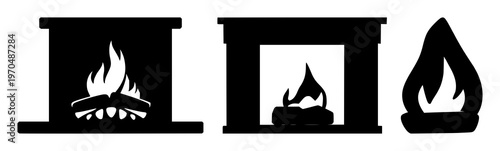 Fireplace icon set with solid black line illustration on white background featuring fire, stove, hearth with cozy and modern